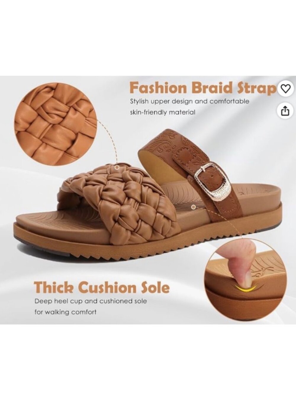KuaiLu Women’s Braided Buckle Slide Sandals Brown Comfort Footbed Size 7